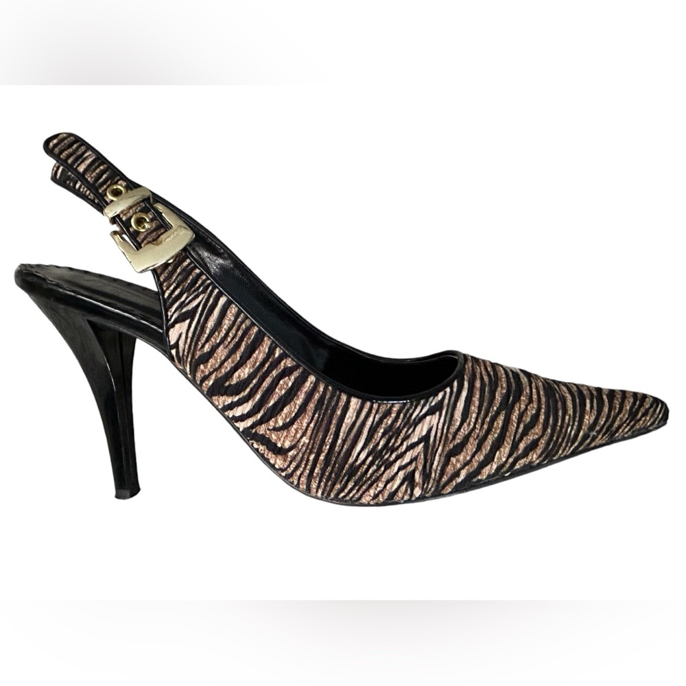 NWOT J Renee Tiger Print Black/BrownTan Pleated Fabric Slingback Heels Size 9 - Picture 7 of 14
